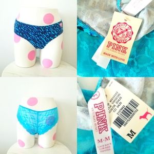Victoria's Secret PINK Vintage Lace Back Low Rise Hipster Panty Blue NWT